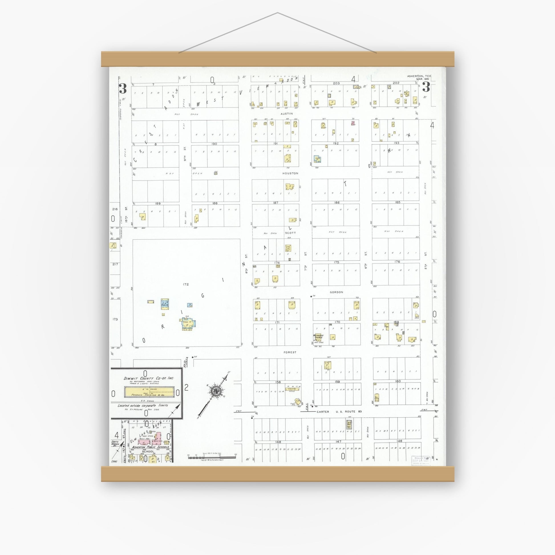 Old map wall art mockup — magnetic wood frame on white wall — Sanborn Fire Insurance Map from Asherton, Dimmit County, Texas (1951), Sheet #0003