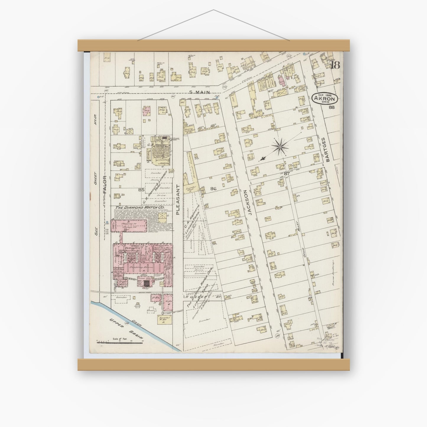 Old map wall art mockup — magnetic wood frame on white wall — Sanborn Fire Insurance Map from Akron, Summit County, Ohio (1886), Sheet #0018
