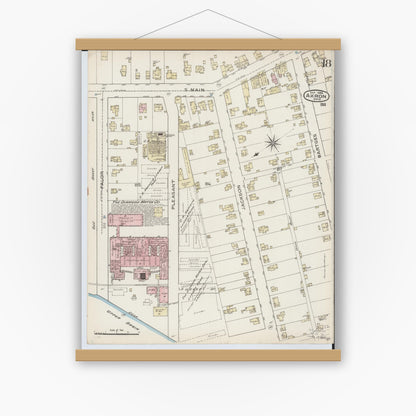 Old map wall art mockup — magnetic wood frame on white wall — Sanborn Fire Insurance Map from Akron, Summit County, Ohio (1886), Sheet #0018