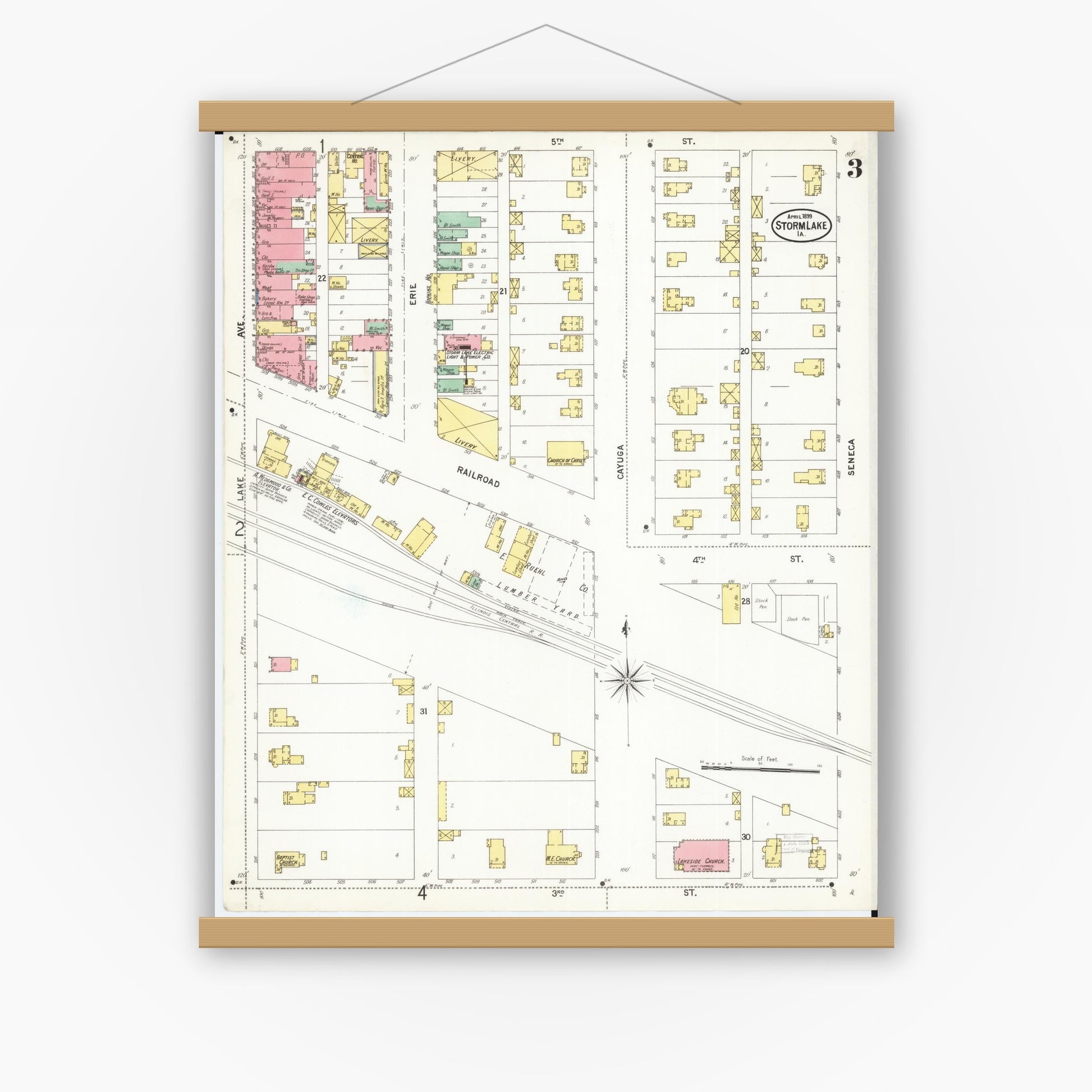 Old map wall art mockup — magnetic wood frame on white wall — Sanborn Fire Insurance Map from Storm Lake, Buena Vista County, Iowa (1899), Sheet #0003
