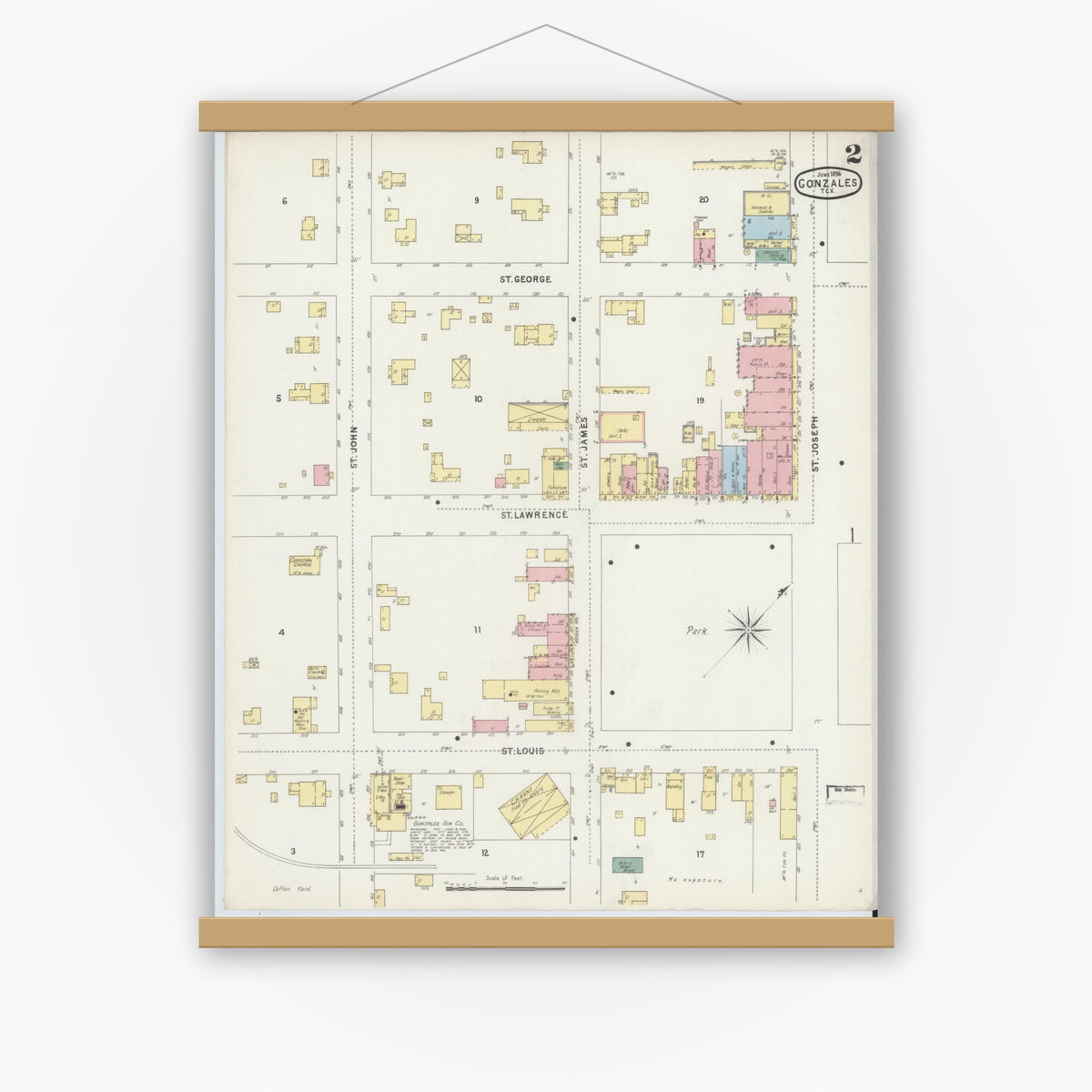 Old map wall art mockup — magnetic wood frame on white wall — Sanborn Fire Insurance Map from Gonzales, Gonzales County, Texas (1896), Sheet #0002