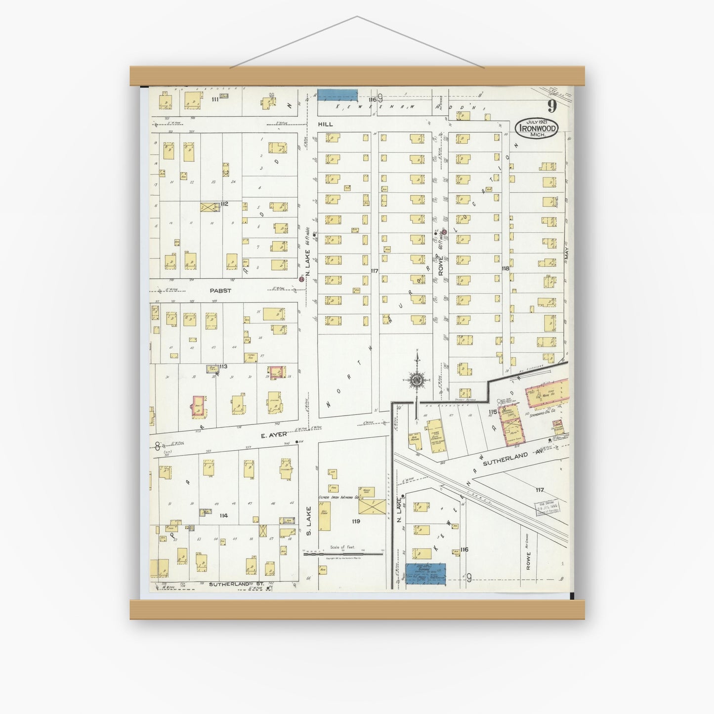 Old map wall art mockup — magnetic wood frame on white wall — Sanborn Fire Insurance Map from Ironwood, Gogebic County, Michigan (1921), Sheet #0009