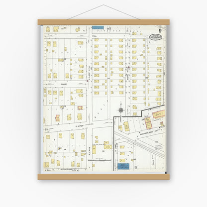 Old map wall art mockup — magnetic wood frame on white wall — Sanborn Fire Insurance Map from Ironwood, Gogebic County, Michigan (1921), Sheet #0009