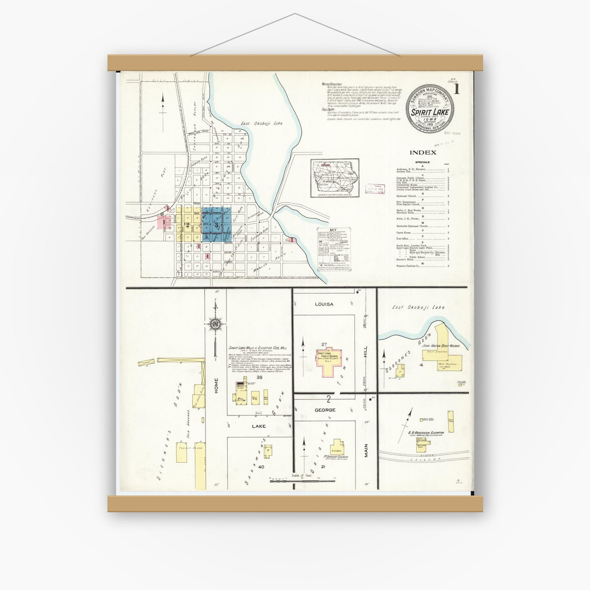 Old map wall art mockup — magnetic wood frame on white wall — Sanborn Fire Insurance Map from Spirit Lake, Dickinson County, Iowa (1913) â€” Complete Set