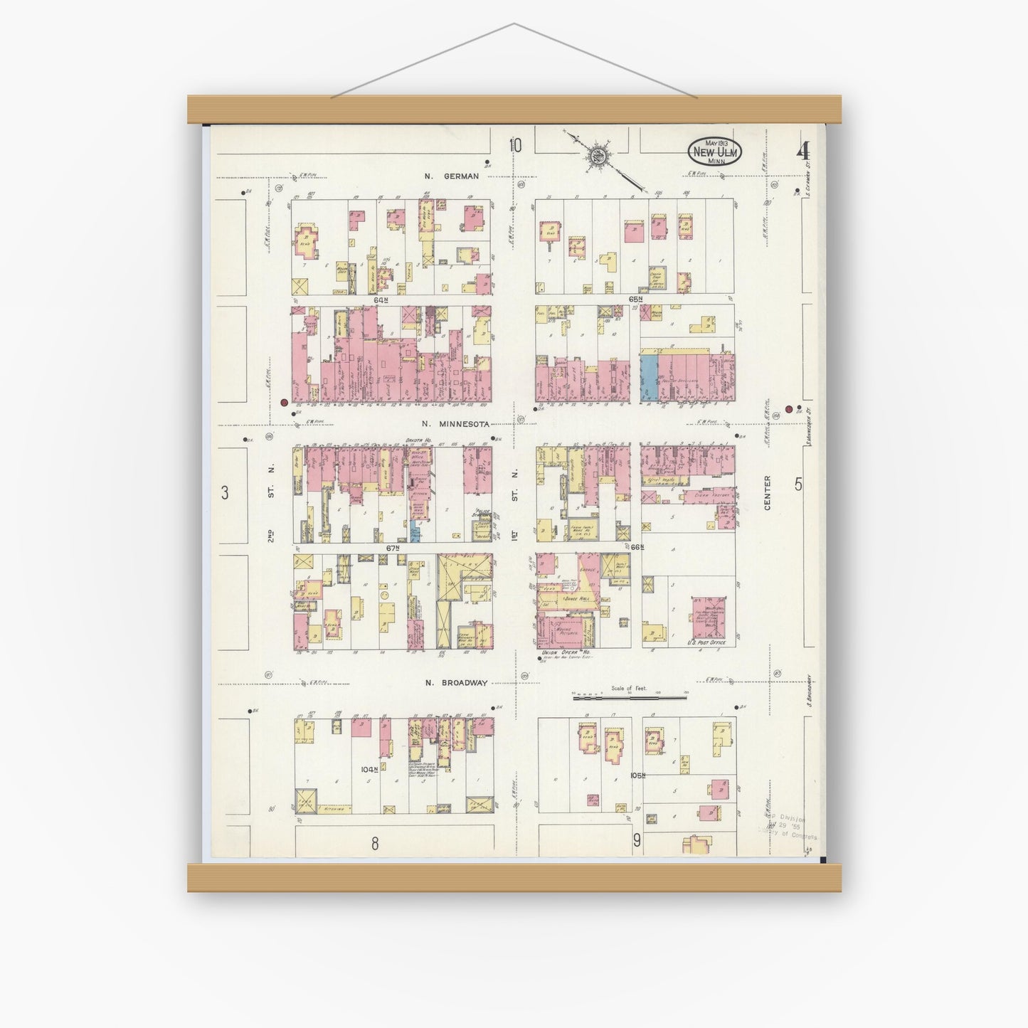 Old map wall art mockup — magnetic wood frame on white wall — Sanborn Fire Insurance Map from New Ulm, Brown County, Minnesota (1913), Sheet #0004