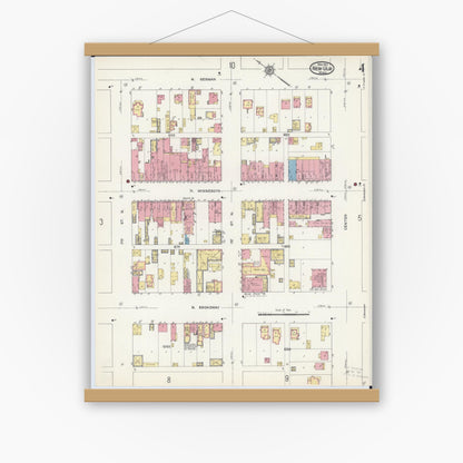 Old map wall art mockup — magnetic wood frame on white wall — Sanborn Fire Insurance Map from New Ulm, Brown County, Minnesota (1913), Sheet #0004