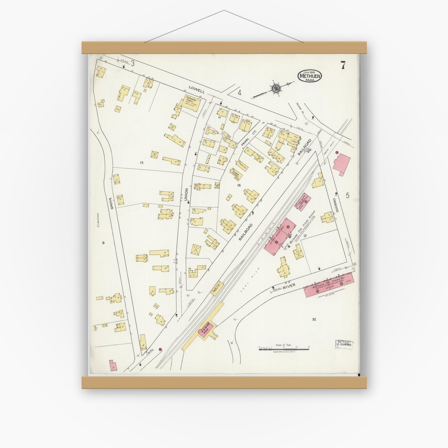 Old map wall art mockup — magnetic wood frame on white wall — Sanborn Fire Insurance Map from Methuen, Essex County, Massachusetts (1919), Sheet #0007