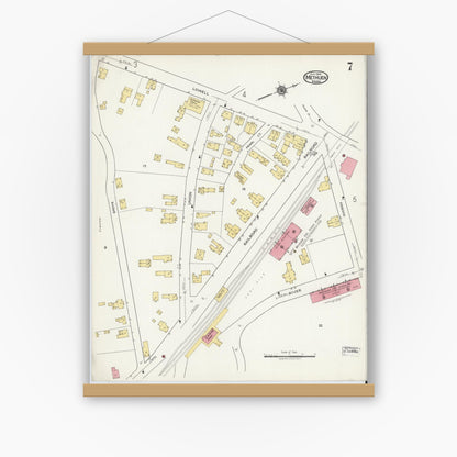 Old map wall art mockup — magnetic wood frame on white wall — Sanborn Fire Insurance Map from Methuen, Essex County, Massachusetts (1919), Sheet #0007