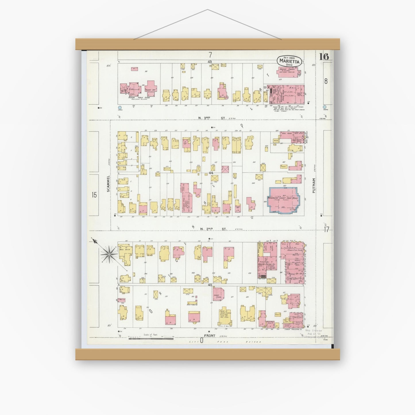 Old map wall art mockup — magnetic wood frame on white wall — Sanborn Fire Insurance Map from Marietta, Washington County, Ohio (1900), Sheet #0016