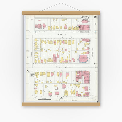 Old map wall art mockup — magnetic wood frame on white wall — Sanborn Fire Insurance Map from Marietta, Washington County, Ohio (1900), Sheet #0016