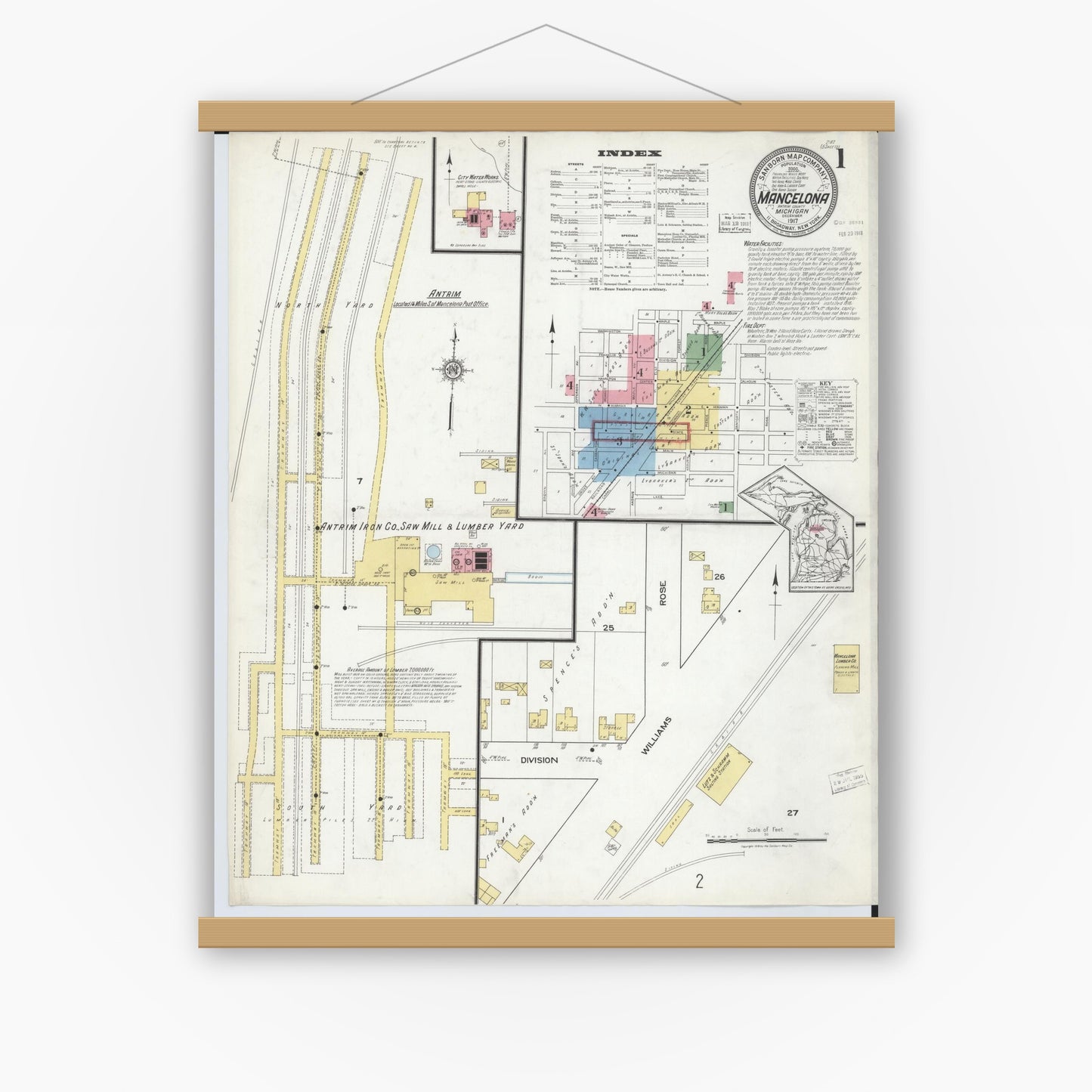 Old map wall art mockup — magnetic wood frame on white wall — Sanborn Fire Insurance Map from Mancelona, Antrim County, Michigan (1917) - Complete Map Set