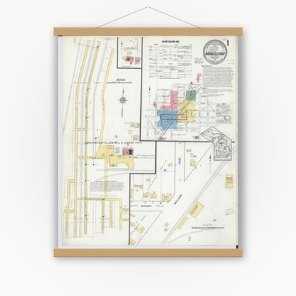 Old map wall art mockup — magnetic wood frame on white wall — Sanborn Fire Insurance Map from Mancelona, Antrim County, Michigan (1917) - Complete Map Set