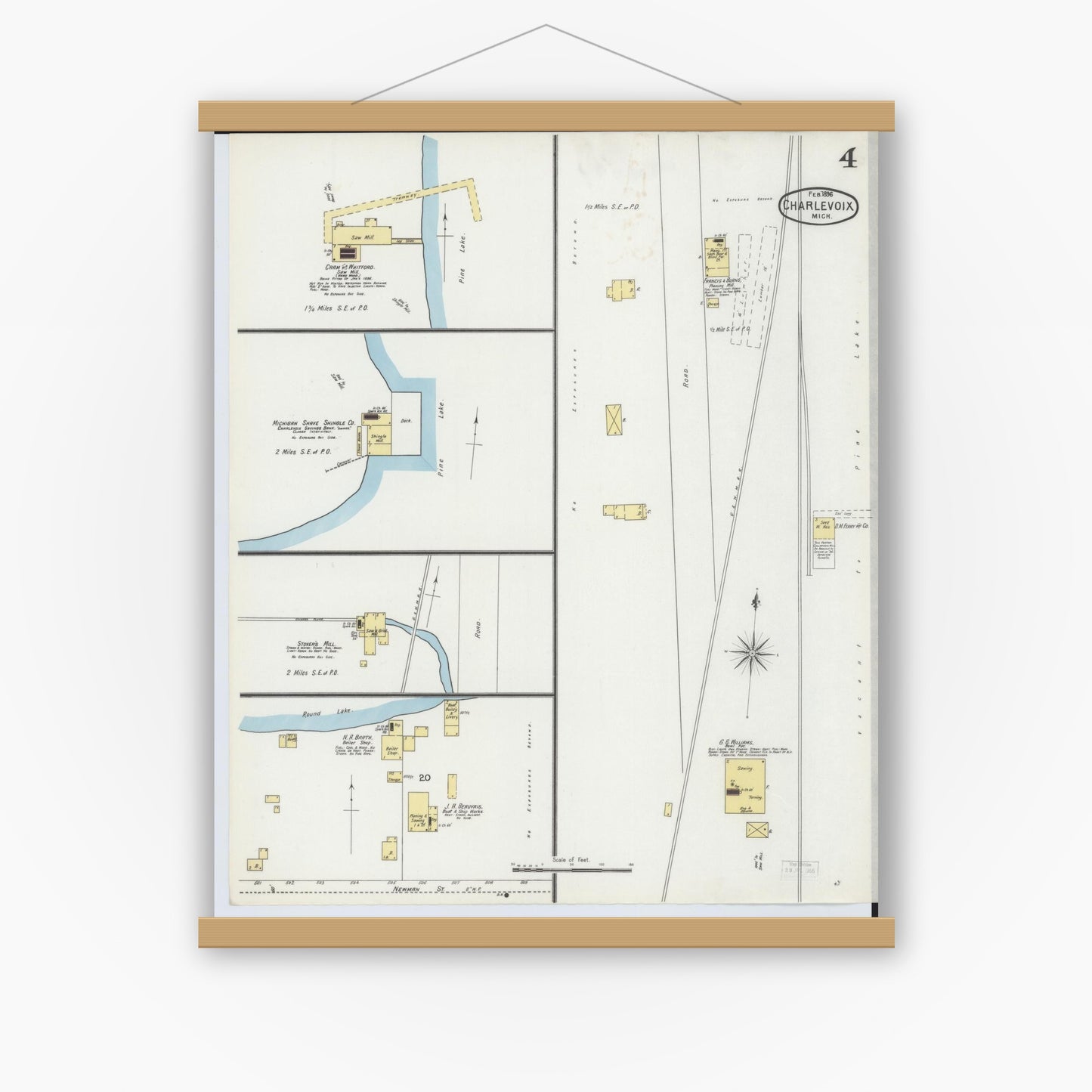 Old map wall art mockup — magnetic wood frame on white wall — Sanborn Fire Insurance Map from Charlevoix, Charlevoix County, Michigan (1896), Sheet #0004