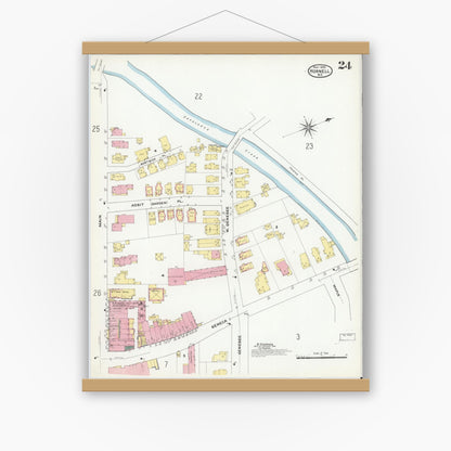 Old map wall art mockup — magnetic wood frame on white wall — Sanborn Fire Insurance Map from Hornell, Steuben County, New York (1909), Sheet #0024