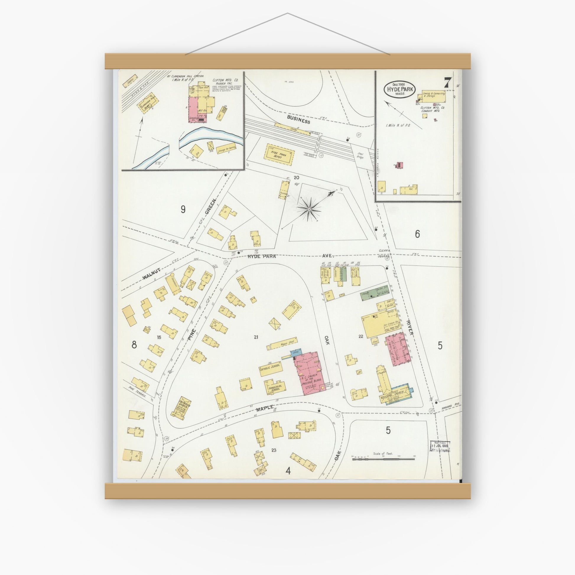 Old map wall art mockup — magnetic wood frame on white wall — Sanborn Fire Insurance Map from Hyde Park, Norfolk County, Massachusetts (1900), Sheet #0007