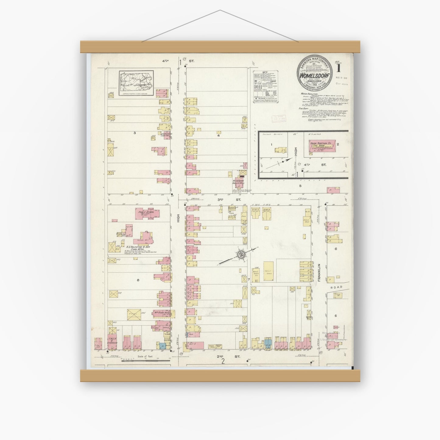 Old map wall art mockup — magnetic wood frame on white wall — Sanborn Fire Insurance Map from Womelsdorf, Berks County, Pennsylvania (1913) - Complete Map Set