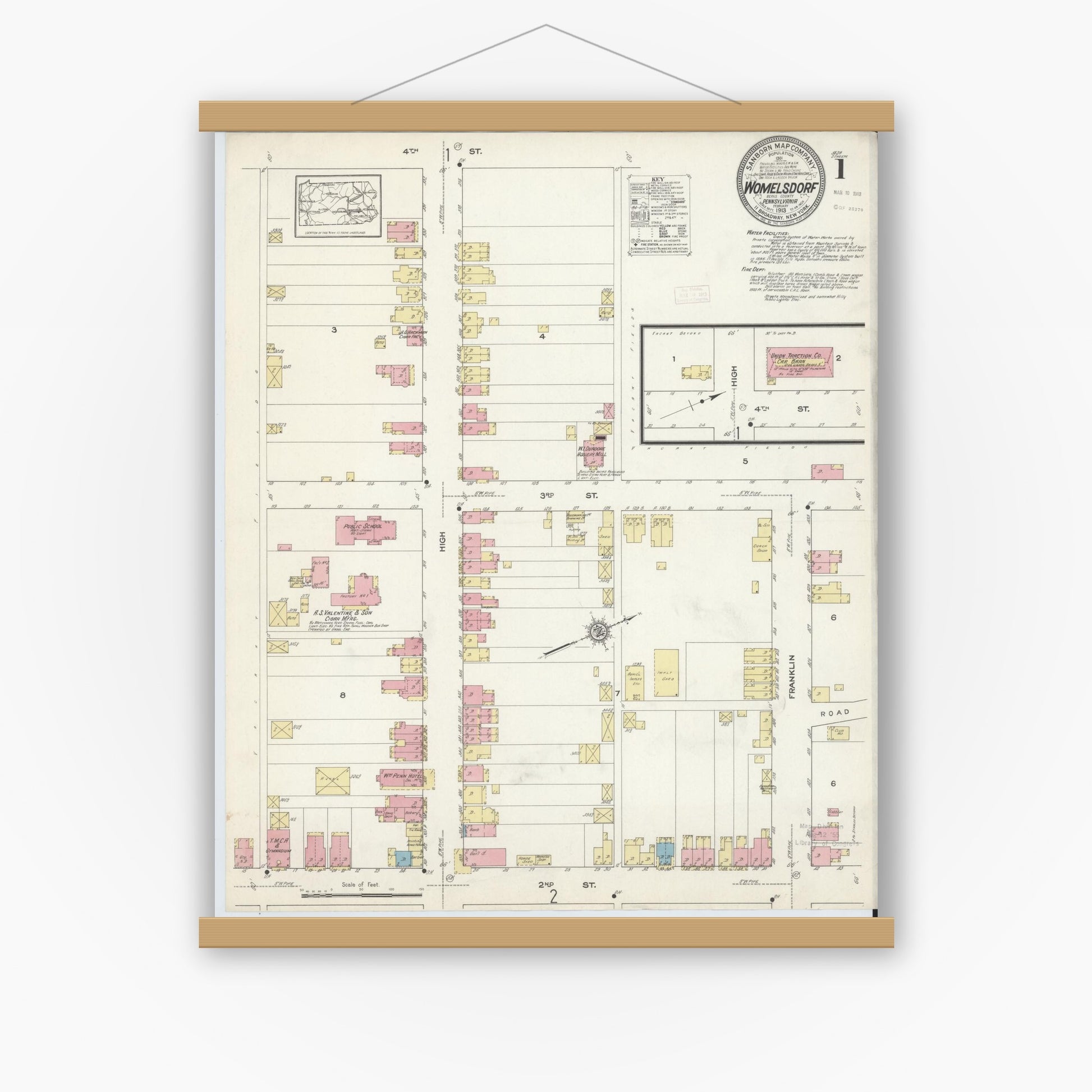 Old map wall art mockup — magnetic wood frame on white wall — Sanborn Fire Insurance Map from Womelsdorf, Berks County, Pennsylvania (1913) - Complete Map Set
