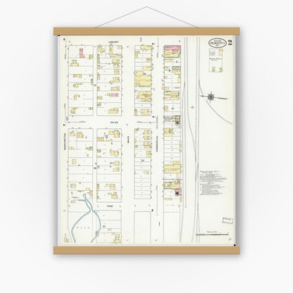 Old map wall art mockup — magnetic wood frame on white wall — Sanborn Fire Insurance Map from Pierce City, Lawrence County, Missouri (1910), Sheet #0002