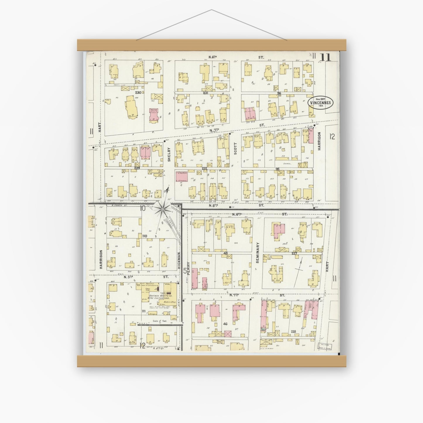 Old map wall art mockup — magnetic wood frame on white wall — Sanborn Fire Insurance Map from Vincennes, Knox County, Indiana (1897), Sheet #0011