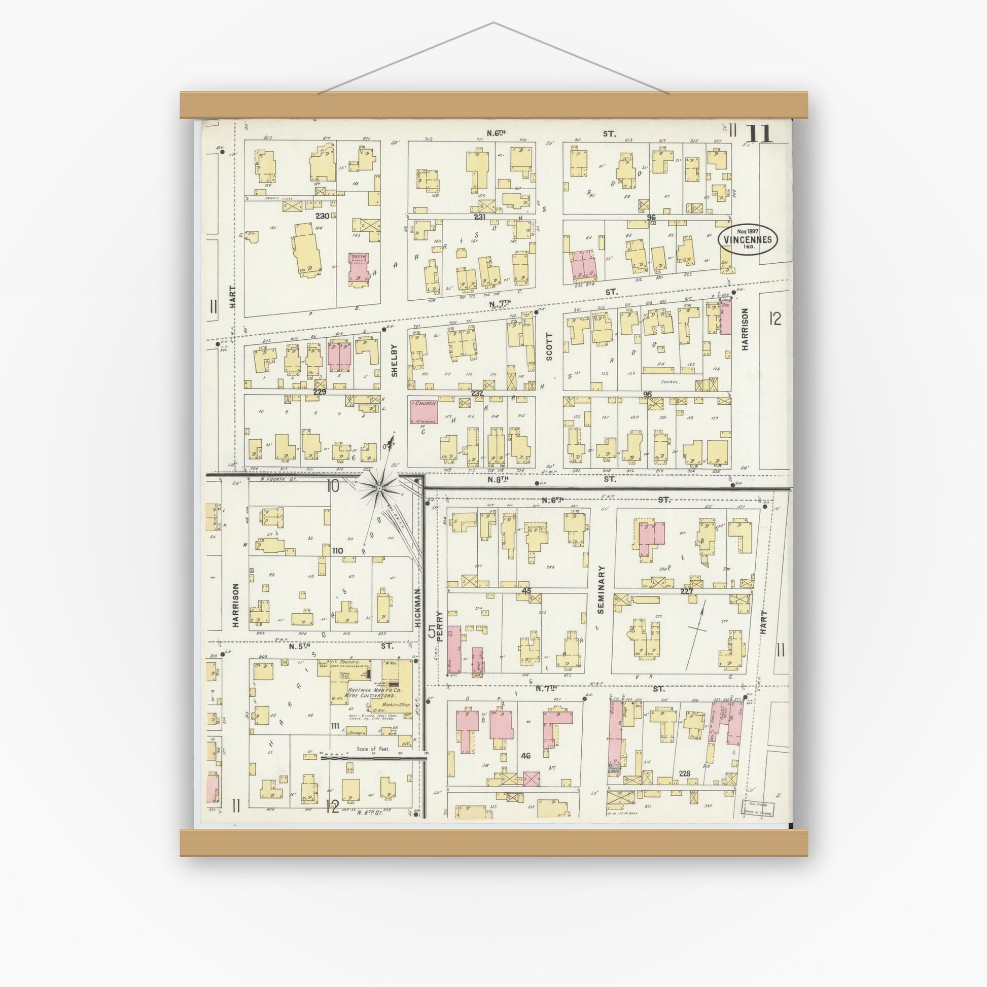 Old map wall art mockup — magnetic wood frame on white wall — Sanborn Fire Insurance Map from Vincennes, Knox County, Indiana (1897), Sheet #0011