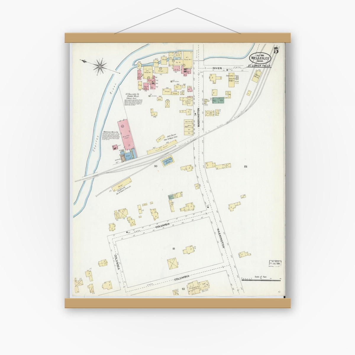 Old map wall art mockup — magnetic wood frame on white wall — Sanborn Fire Insurance Map from Wellesley, Norfolk County, Massachusetts (1906), Sheet #0005