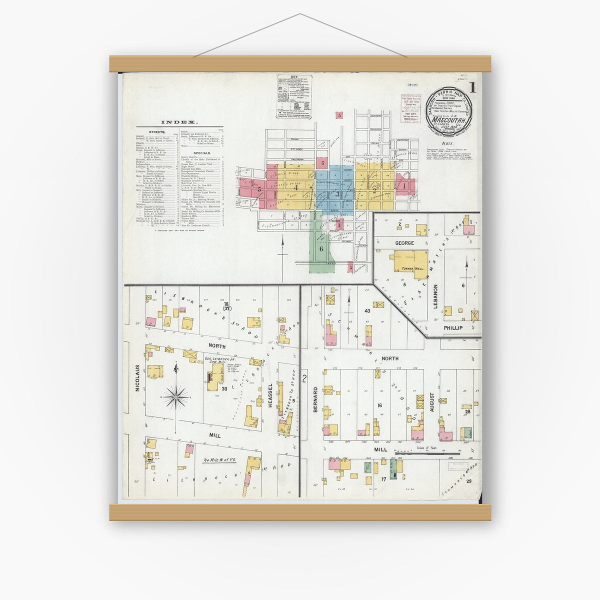 Old map wall art mockup — magnetic wood frame on white wall — Sanborn Fire Insurance Map from Mascoutah, Saint Clair County, Illinois (1900) - Complete Map Set