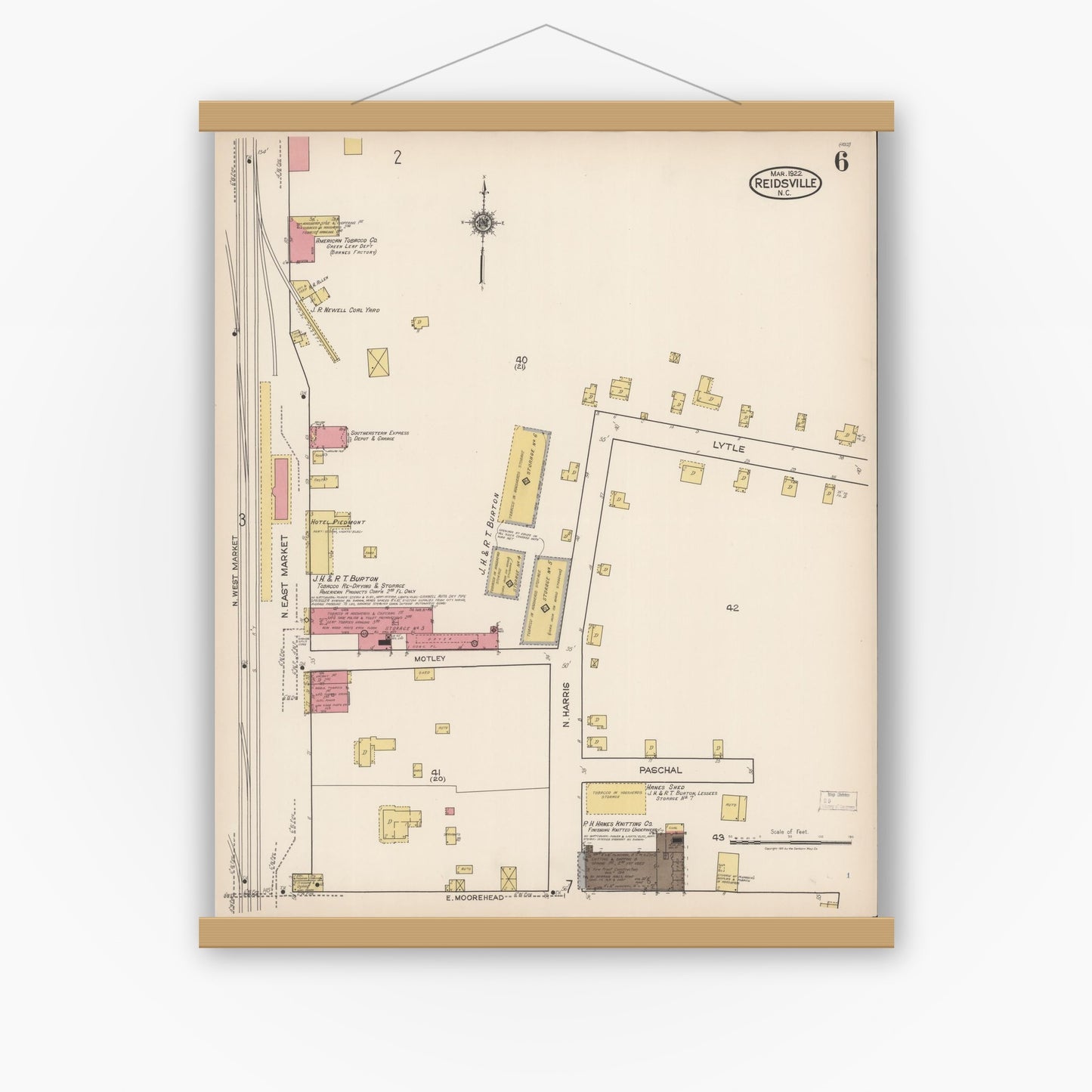 Old map wall art mockup — magnetic wood frame on white wall — Sanborn Fire Insurance Map from Reidsville, Rockingham County, North Carolina (1922), Sheet #0006