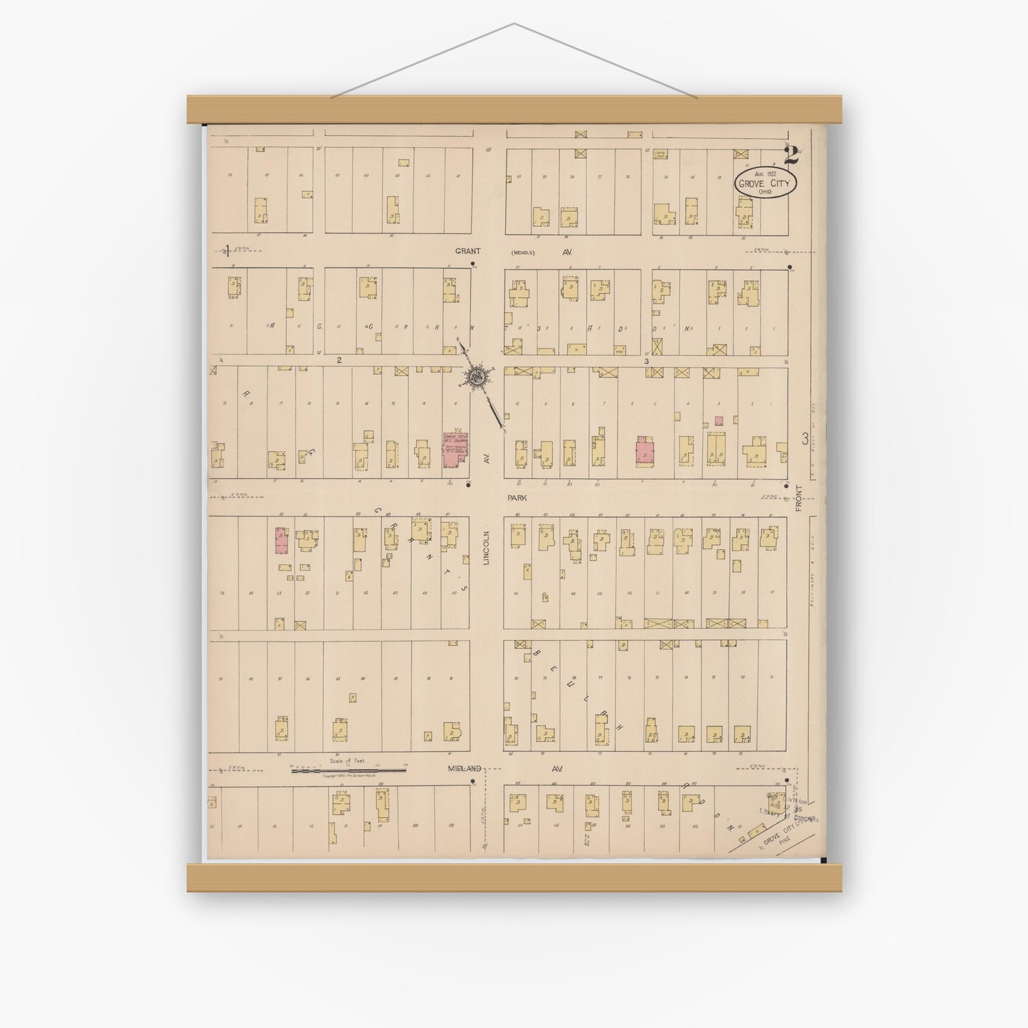Old map wall art mockup — magnetic wood frame on white wall — Sanborn Fire Insurance Map from Grove City, Franklin County, Ohio (1922), Sheet #0002