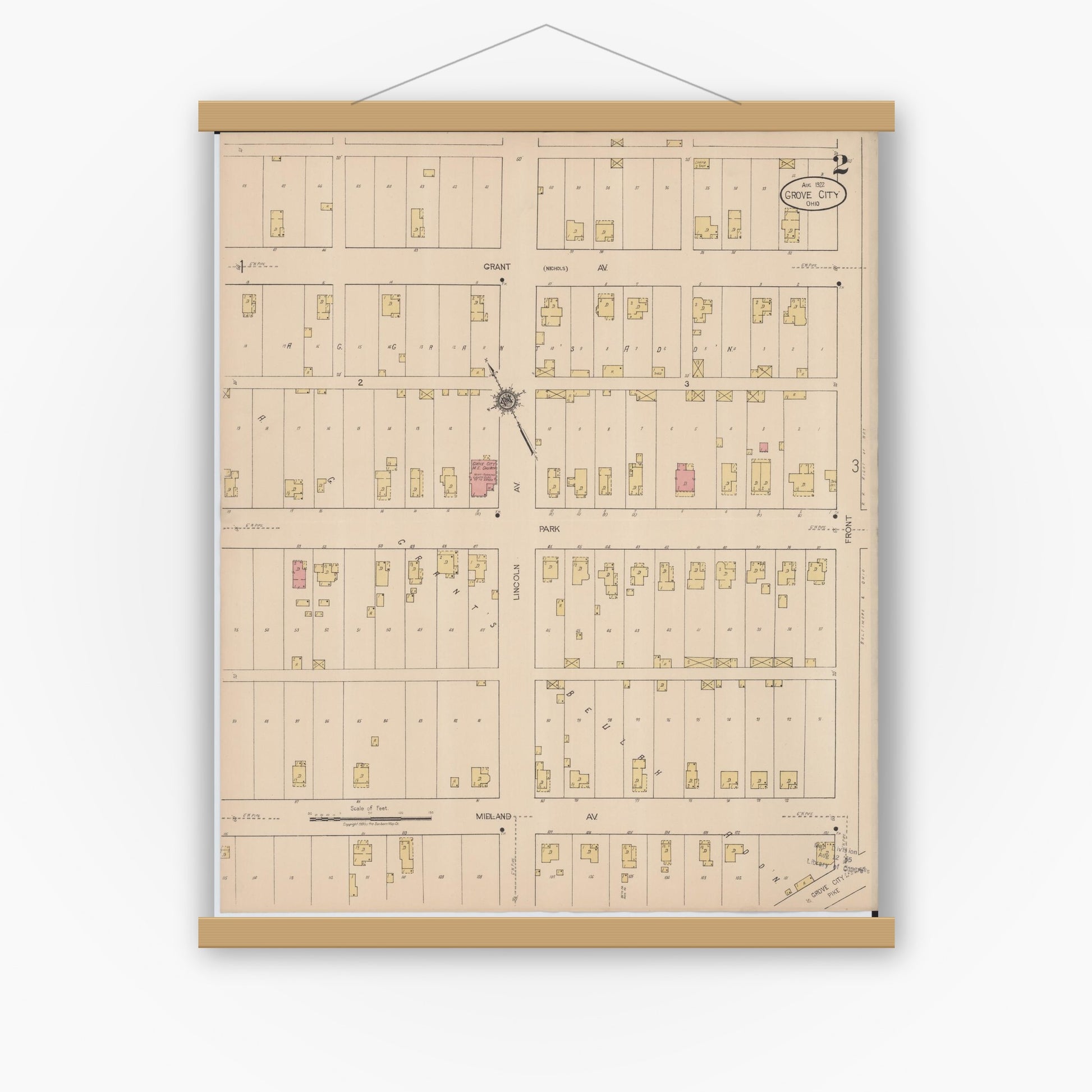 Old map wall art mockup — magnetic wood frame on white wall — Sanborn Fire Insurance Map from Grove City, Franklin County, Ohio (1922), Sheet #0002