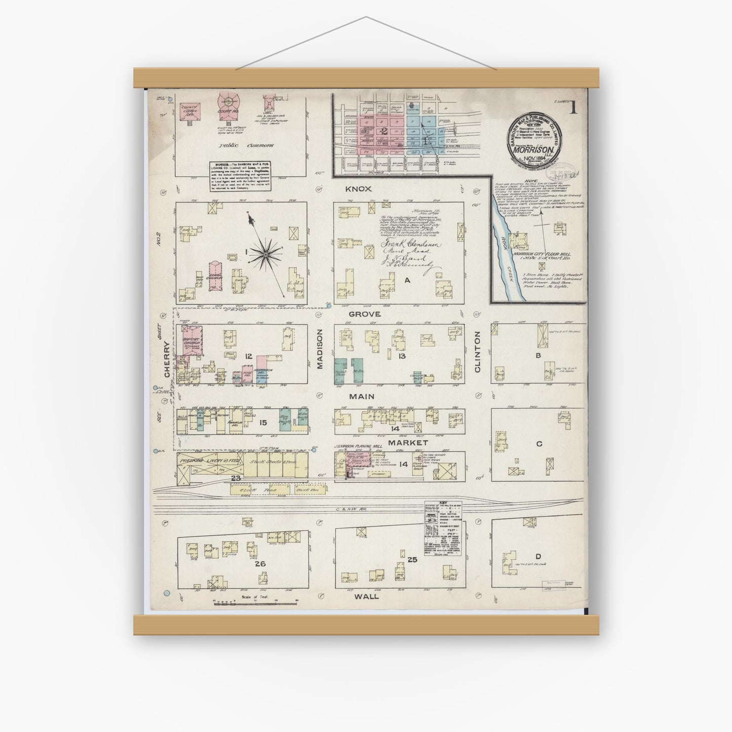 Old map wall art mockup — magnetic wood frame on white wall — Sanborn Fire Insurance Map from Morrison, Whiteside County, Illinois (1884) - Complete Map Set