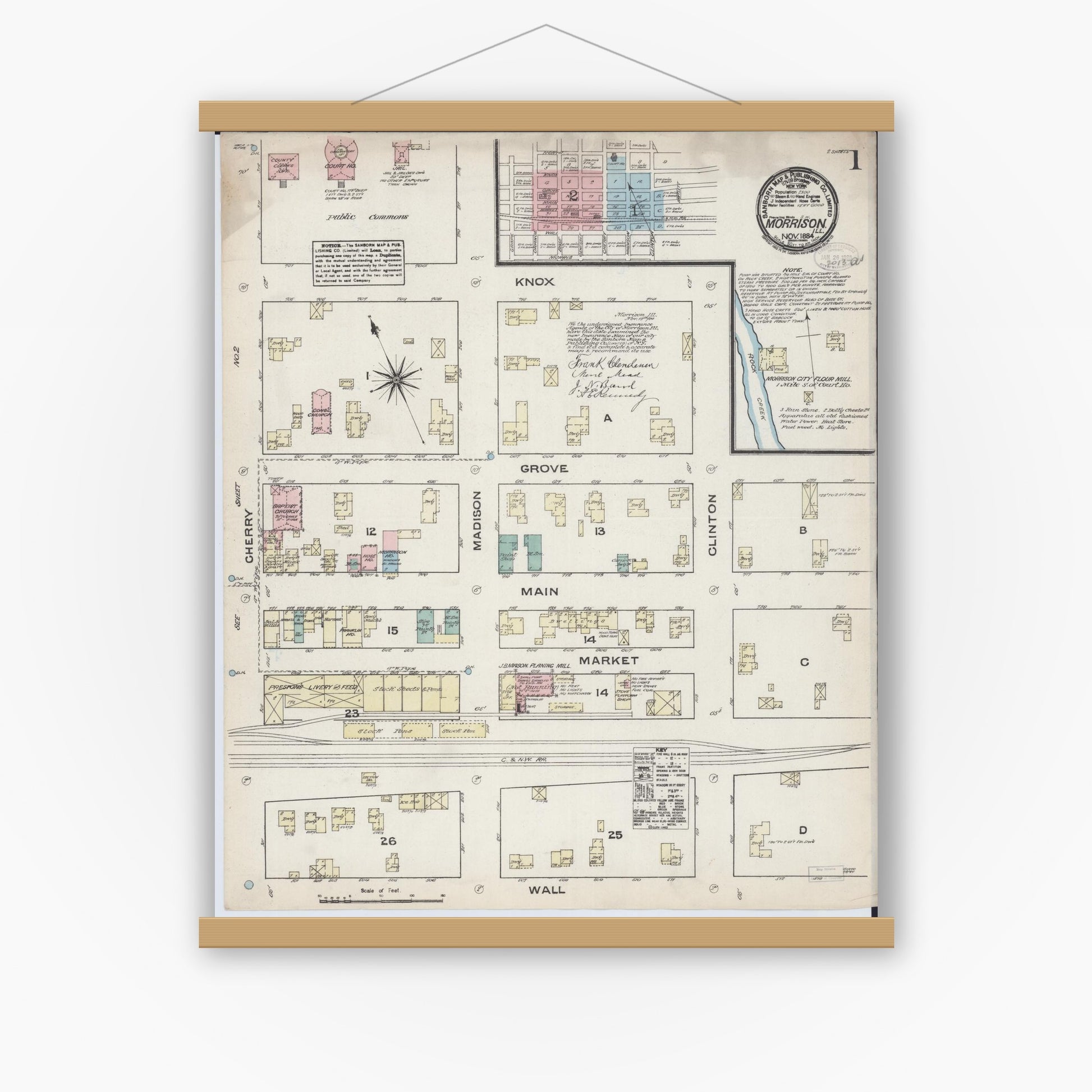 Old map wall art mockup — magnetic wood frame on white wall — Sanborn Fire Insurance Map from Morrison, Whiteside County, Illinois (1884) - Complete Map Set