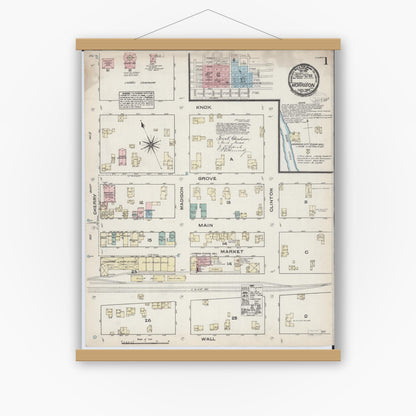 Old map wall art mockup — magnetic wood frame on white wall — Sanborn Fire Insurance Map from Morrison, Whiteside County, Illinois (1884) - Complete Map Set