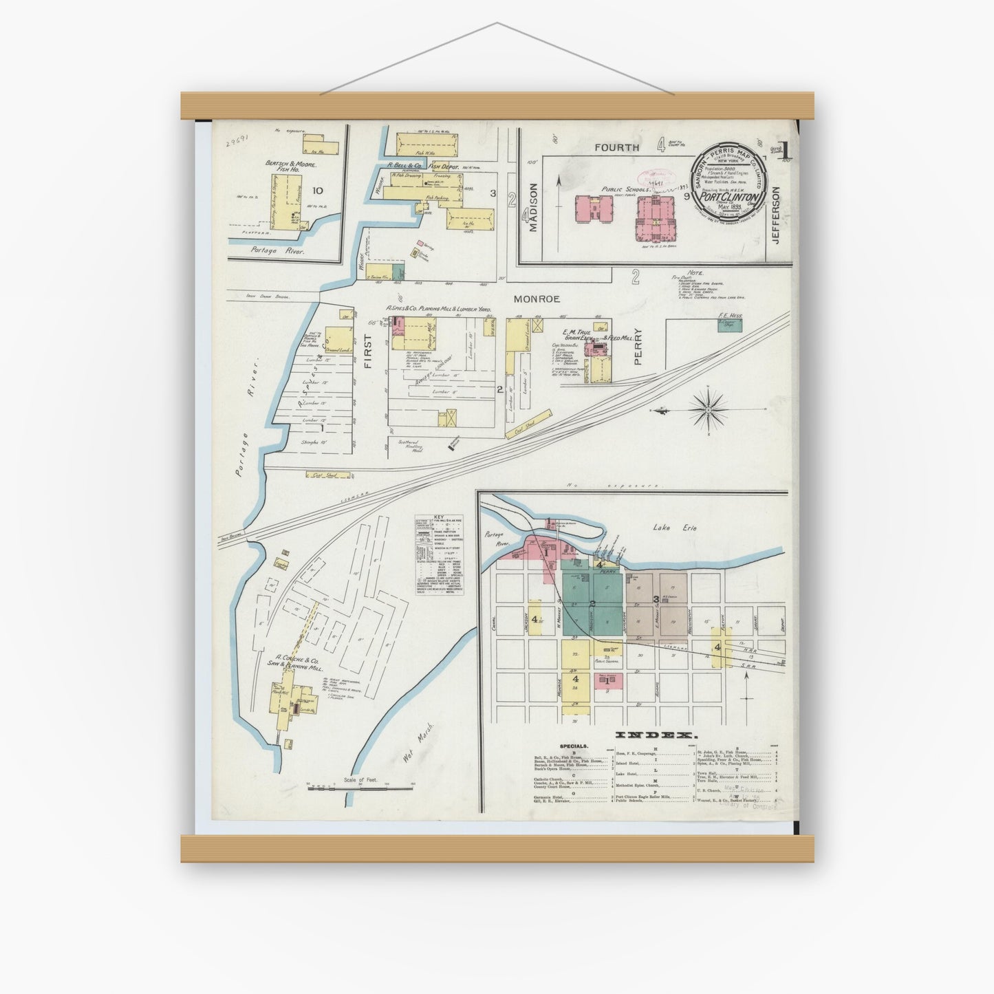 Old map wall art mockup — magnetic wood frame on white wall — Sanborn Fire Insurance Map from Port Clinton, Ottawa County, Ohio (1893) - Complete Map Set