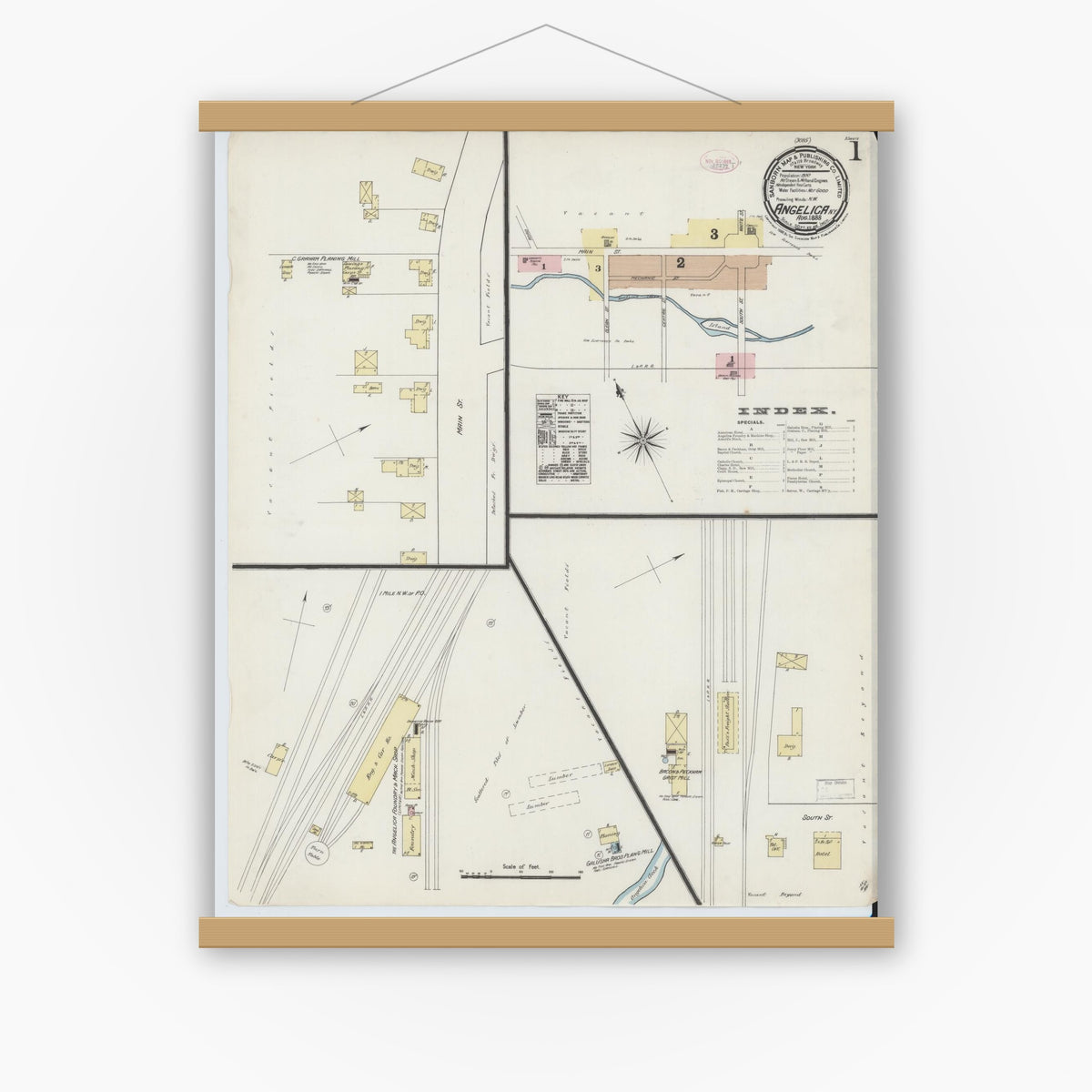Old map wall art mockup — magnetic wood frame on white wall — Sanborn Fire Insurance Map from Angelica, Allegany County, New York (1888) - Complete Map Set