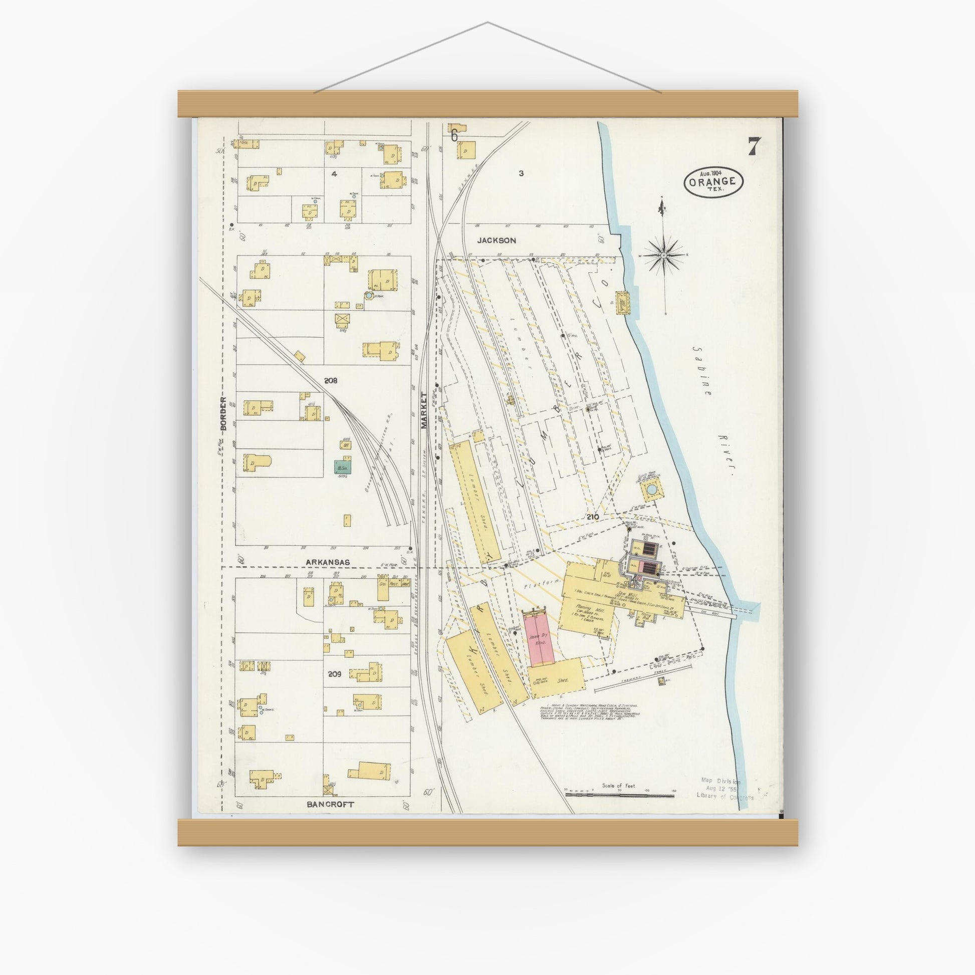 Old map wall art mockup — magnetic wood frame on white wall — Sanborn Fire Insurance Map from Orange, Orange County, Texas (1904), Sheet #0007