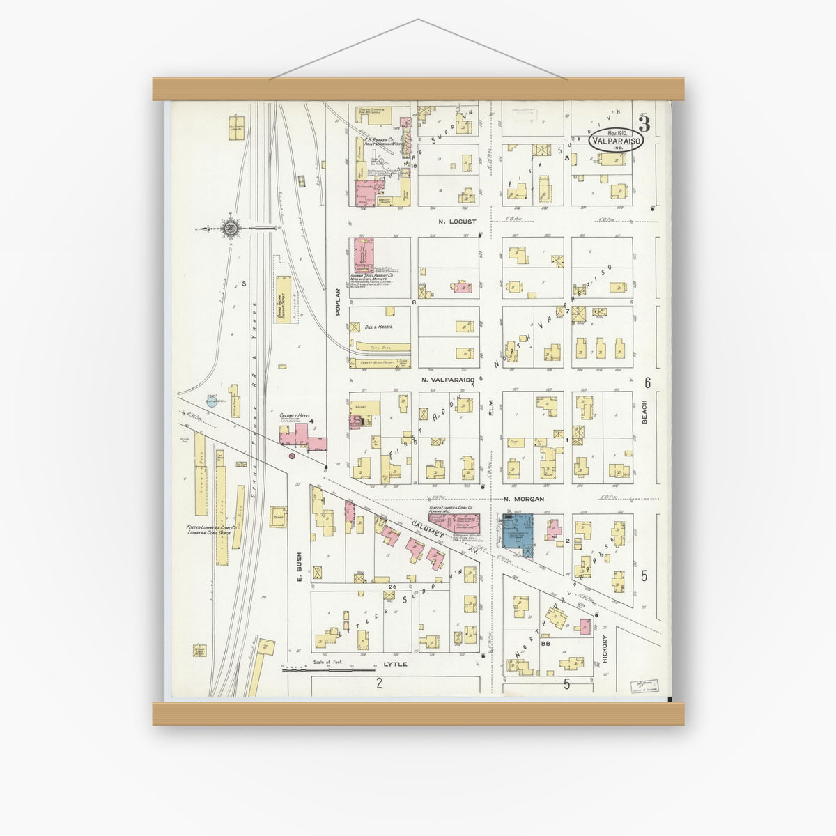 Old map wall art mockup — magnetic wood frame on white wall — Sanborn Fire Insurance Map from Valparaiso, Porter County, Indiana (1910), Sheet #0003