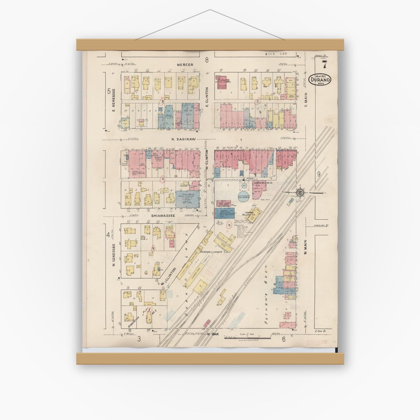 Old map wall art mockup — magnetic wood frame on white wall — Sanborn Fire Insurance Map from Durand, Shiawassee County, Michigan (1944), Sheet #0007