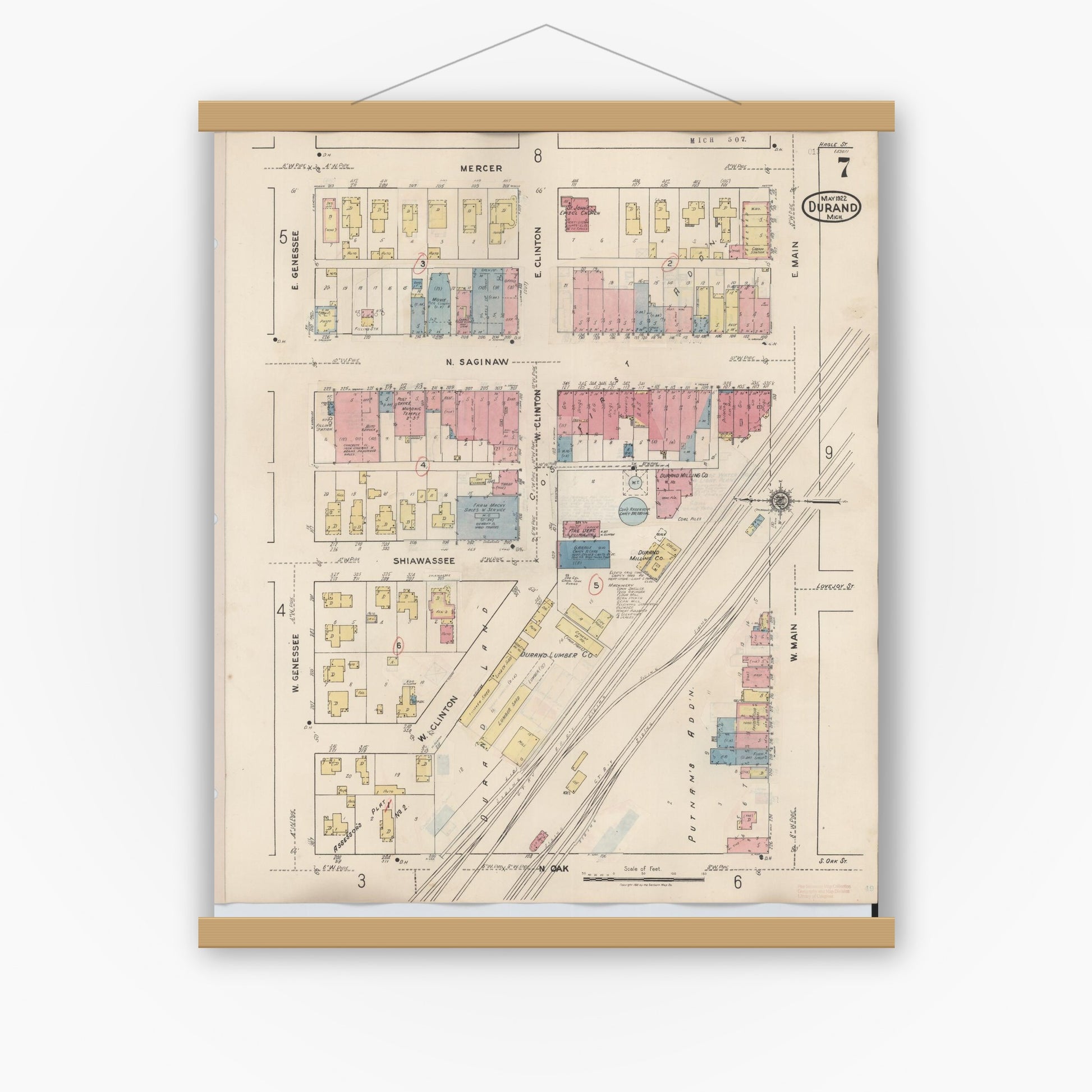 Old map wall art mockup — magnetic wood frame on white wall — Sanborn Fire Insurance Map from Durand, Shiawassee County, Michigan (1944), Sheet #0007