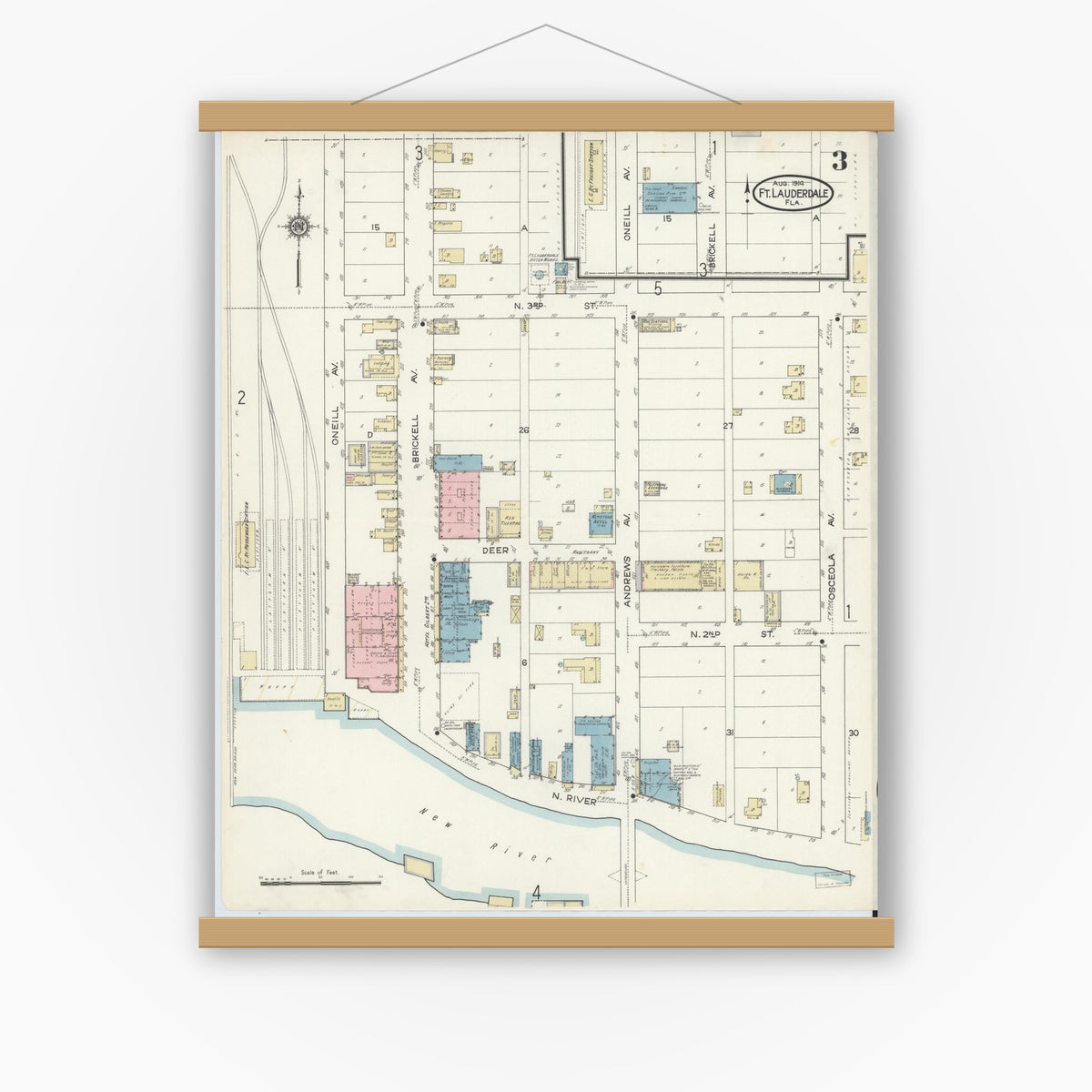Old map wall art mockup — magnetic wood frame on white wall — Sanborn Fire Insurance Map from Fort Lauderdale, Broward County, Florida (1914), Sheet #0003