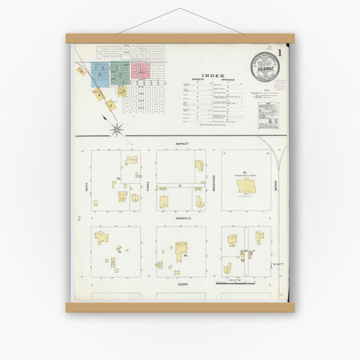 Old map wall art mockup — magnetic wood frame on white wall — Sanborn Fire Insurance Map from Hearne, Robertson County, Texas (1906), Sheet #0001