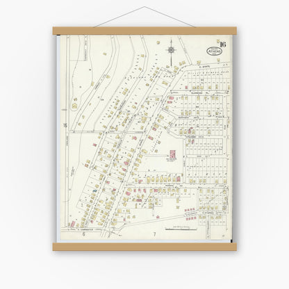 Old map wall art mockup — magnetic wood frame on white wall — Sanborn Fire Insurance Map from Athens, Athens County, Ohio (1914), Sheet #0016