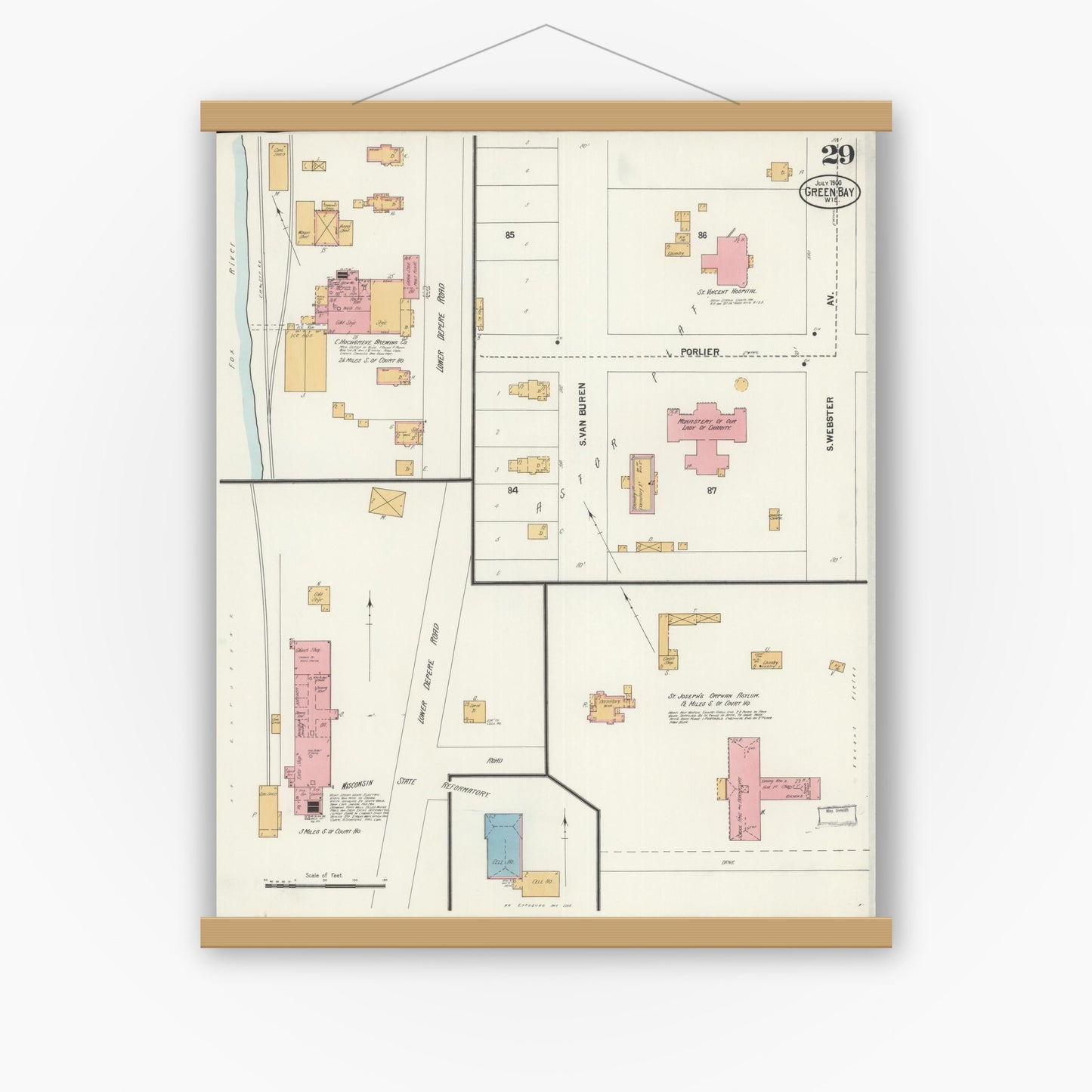 Old map wall art mockup — magnetic wood frame on white wall — Sanborn Fire Insurance Map from Green Bay, Brown County, Wisconsin (1900), Sheet #0029