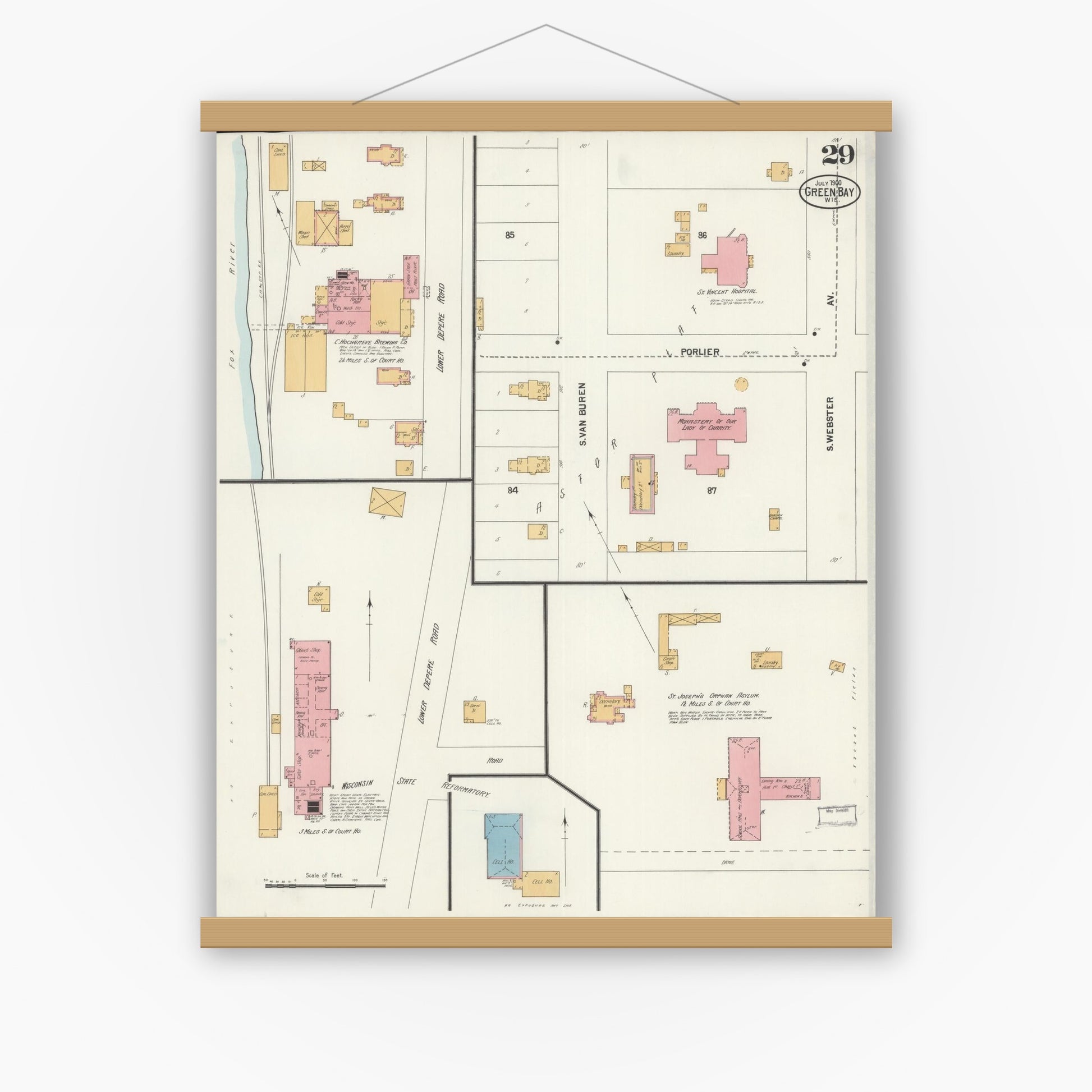 Old map wall art mockup — magnetic wood frame on white wall — Sanborn Fire Insurance Map from Green Bay, Brown County, Wisconsin (1900), Sheet #0029