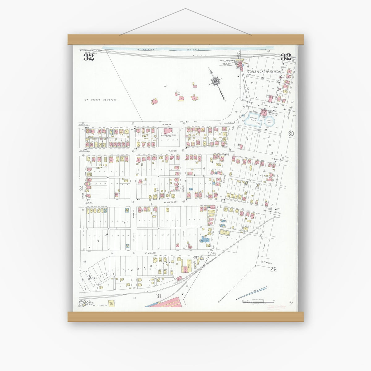 Old map wall art mockup — magnetic wood frame on white wall — Sanborn Fire Insurance Map from Jefferson City, Cole County, Missouri (1939), Sheet #0032