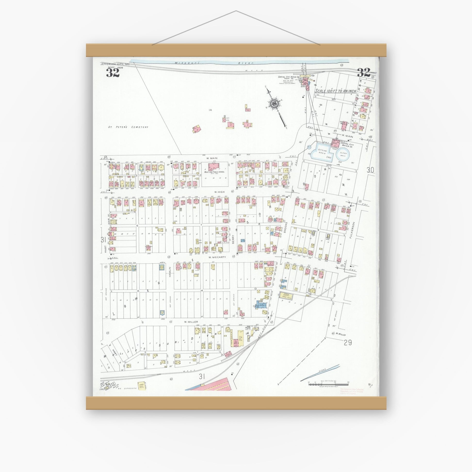 Old map wall art mockup — magnetic wood frame on white wall — Sanborn Fire Insurance Map from Jefferson City, Cole County, Missouri (1939), Sheet #0032
