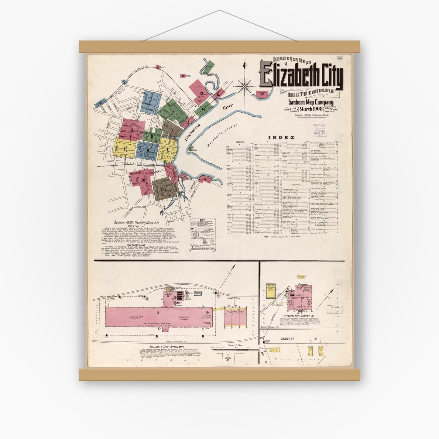 Old map wall art mockup — magnetic wood frame on white wall — Sanborn Fire Insurance Map from Elizabeth City, Pasquotank County, North Carolina (1908), Sheet #0001