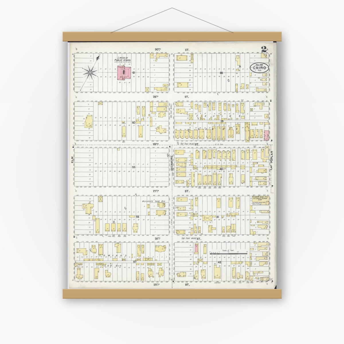 Old map wall art mockup — magnetic wood frame on white wall — Sanborn Fire Insurance Map from Cairo, Alexander County, Illinois (1901), Sheet #0002