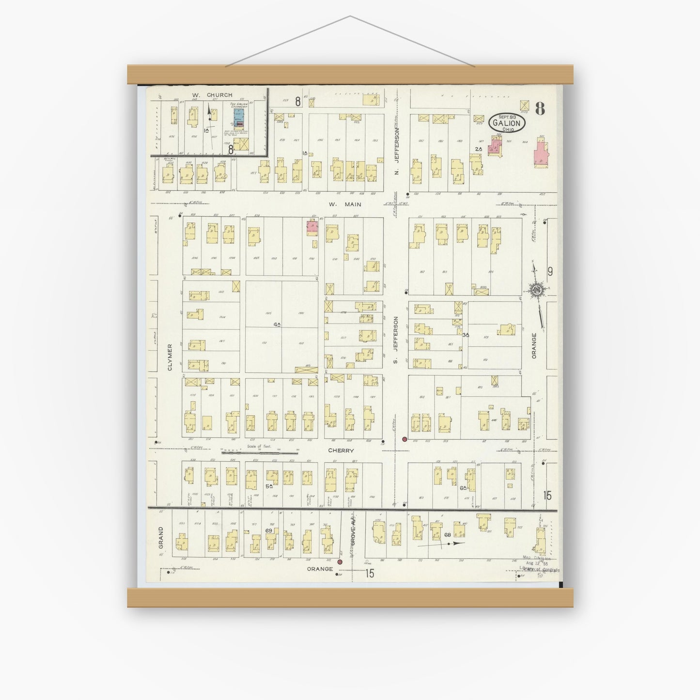Old map wall art mockup — magnetic wood frame on white wall — Sanborn Fire Insurance Map from Galion, Crawford County, Ohio (1913), Sheet #0008