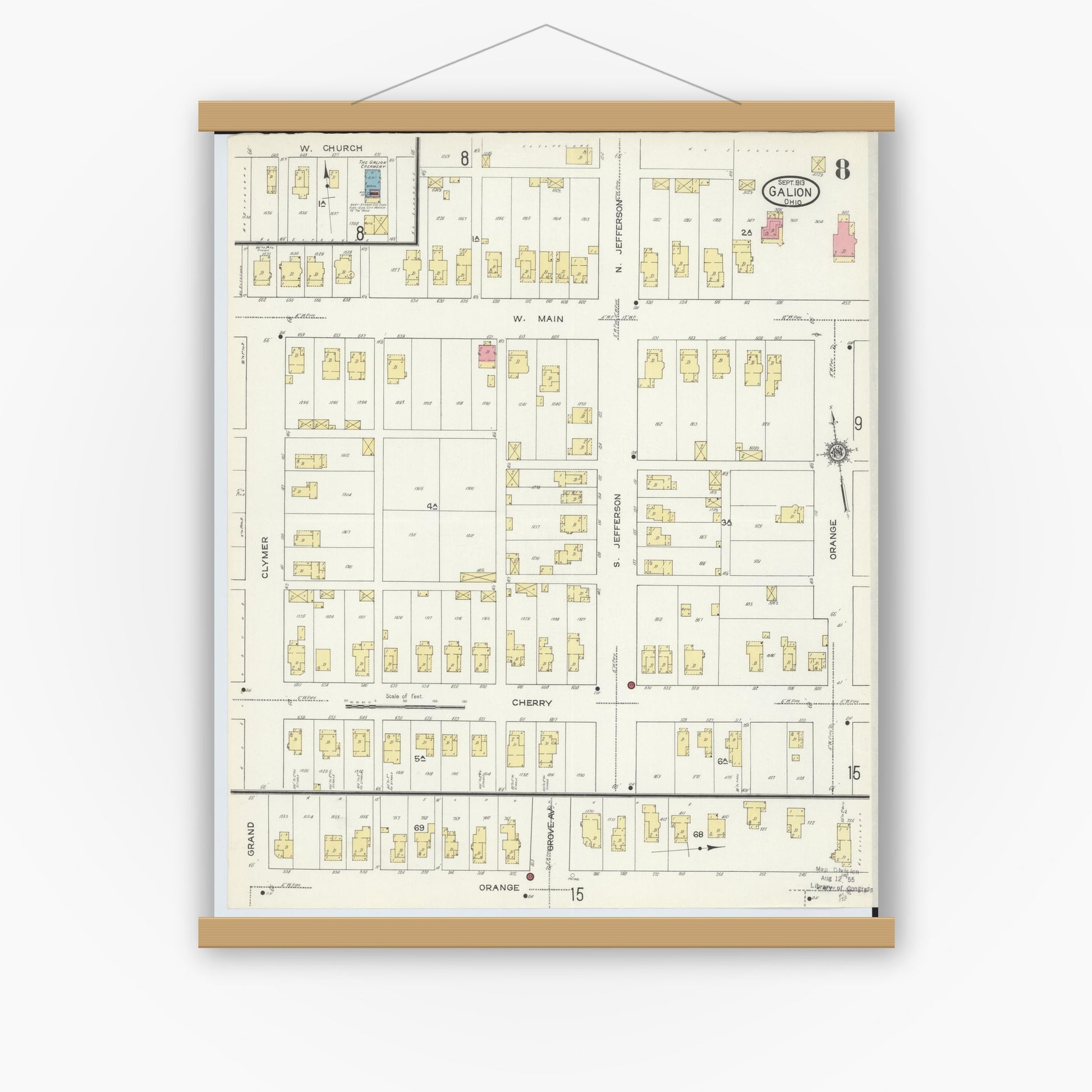 Old map wall art mockup — magnetic wood frame on white wall — Sanborn Fire Insurance Map from Galion, Crawford County, Ohio (1913), Sheet #0008