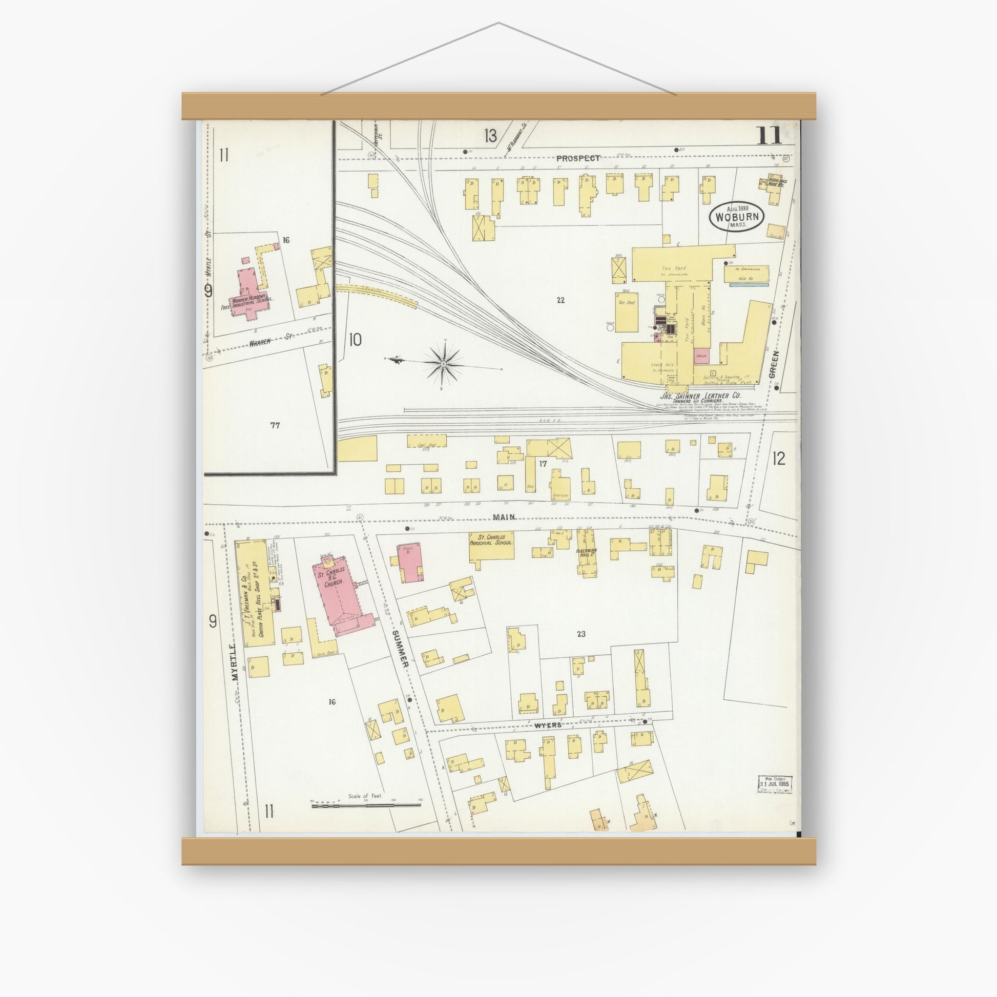 Old map wall art mockup — magnetic wood frame on white wall — Sanborn Fire Insurance Map from Woburn, Middlesex County, Massachusetts (1899), Sheet #0011